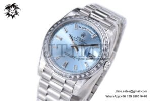 DayDate 228349 40mm GSF 1:1 Best Edition Ice Blue Dial Diamonds Bezel Diamond Markers on SS Bracelet A3255 (Tungsten Heavy Version)