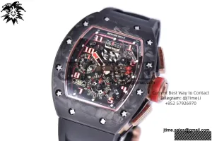 RM011 NTPT Lotus F1 Team Carbon Case Chronograph KVF 1:1 Best Edition Crystal Skeleton Dial Red on Black Rubber Strap A7750