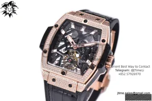 Spirit of Big Bang RG JBF Best Edition Skeleton Dial Diamonds Bezel on Black Gummy Strap