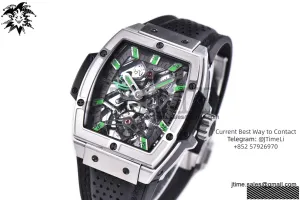 Spirit of Big Bang Tourbillion SS JBF Best Edition Skeleton Green Dial on Black Gummy Strap